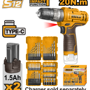 12V Brushless Cordless Impact Drill Accessory Kit P1C8 - 45 Torsion Bits + 16 Drills, Dual 1.5Ah