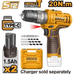12V Brushless Cordless Impact Drill Driver C5 - 20Nm, Dual 1.5Ah, USB-C, 3 Masonry Bits