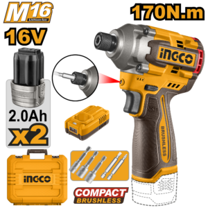 16V Brushless Cordless Impact Driver Kit - 170Nm, 3500 IPM, Dual 2.0Ah Batteries, Nut Setters