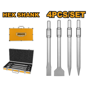 4-Piece SDS-Hex Demolition Chisel Set - 30x400mm Pointed/Flat, Aluminum Case
