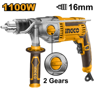 1100W 2-Speed Impact Drill - 16mm Chuck, 3000 RPM, Aluminum Gear
