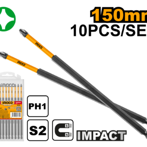 10-Pack 150mm Extra-Long Impact PH1 Bits C50 - S2 Steel, Torsion Zone, Magnetic Sleeve
