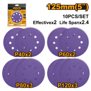 10-Pack 125mm Purple Hybrid Sanding Discs P10 - P40/60/80/120 Mix, 8-Hole, Zirconia/Aluminum Oxide PET