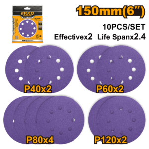 10-Pack 150mm Purple Velcro Sanding Discs P10 - P40/60/80/120 Assortment, 8-Hole PET Film