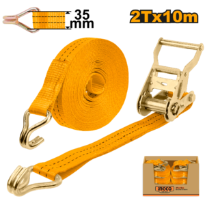 2-Ton Ratchet Tie-Down Strap C16 - 10m x 35mm PES Webbing, Double J-Hooks, 2:1 Safety Factor