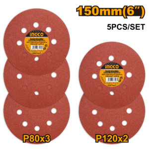 5-Pack 150mm Hook-and-Loop Sanding Discs P20C80 - 3x P80 + 2x P120, For RS4508 Orbital Sander