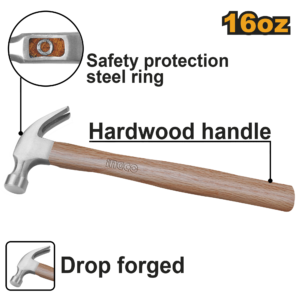 16oz Wooden Claw Hammer C36 - 450g Drop-Forged 45#, Hardwood Handle