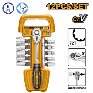 12-Piece 1/2" Drive Socket Set - 10-24mm Cr-V, 72T Quick-Release Ratchet, 125mm Extension