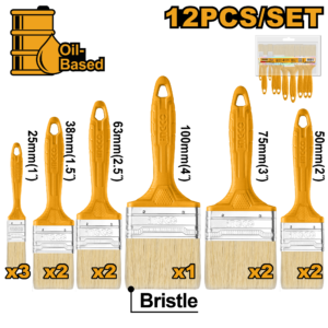 12-Piece Oil-Based Paint Brush Set - 1" to 4" Pure Bristle, Plastic Handles