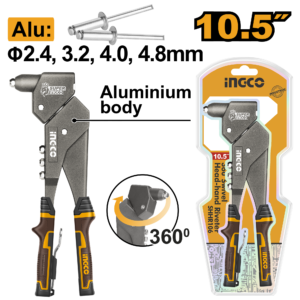 10.5" 360° Swivel-Head Hand Riveter - 2.4-4.8mm Rivets, Steel/Aluminum, Double Blister