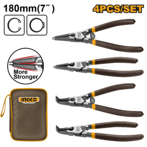 4-Piece Circlip Pliers Set - 7" 180°/90° Internal/External, Cr-V Black Finish, Canvas Bag