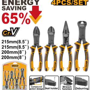4-Piece Compound Action Pliers Set - 8-8.5" Combo/Diagonal/Long-Nose/End-Cut, Teflon TPR