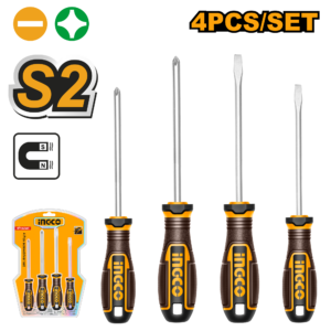 4-Piece S2 Screwdriver Set - Magnetic, 100-150mm Slotted/Phillips, Three-Color Ergonomic