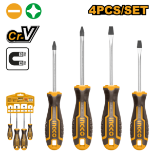 4-Piece Cr-V Screwdriver Set - New Ergonomic Handle, SL5x100 to PH2x150, Hanger