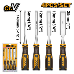 4-Piece Wood Chisel Set - 6/12/19/25mm Cr-V, 140mm, Sliding Card