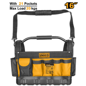 16" Industrial Tool Bag P2C4 - 21 Pockets, 600D Poly, 20kg Load, Steel Handle + Base