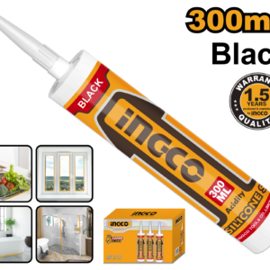 300ml Black Acetic Cure Silicone Sealant - 5-10min Skin, 20hr Full Cure, Plastic Cartridge