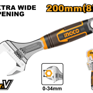 8" (200mm) Cr-V Adjustable Wrench - 0-34mm Jaw, Soft Ergonomic, Blister Pack