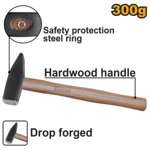 300g Machinist Hammer WOODEN P6C36 - 45# Forged Head, Contoured Hardwood Handle