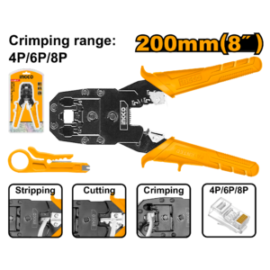 8" Modular Plug Crimper - 4P/6P/8P RJ11/RJ45, Strip/Cut, PVC Handle, Blister Card