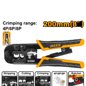 8" Ratchet Modular Crimper - 4P/6P/8P, Labor-Saving, Strip/Cut, PVC Grip