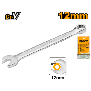 12mm Metric Combination Wrench - 161mm Cr-V, Matt Chrome, Plastic Hanger