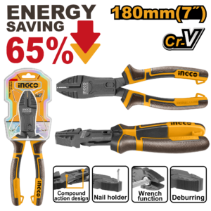 7" Compound Action Combination Pliers - 65% Energy Save, Cr-V Teflon, TPR Tri-Color