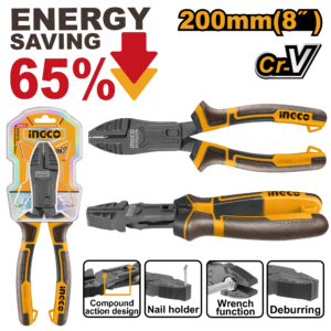 8" Compound Action Combo Pliers - Cr-V Teflon Coated, Nail/Spanner/Deburr, Comfort Grip