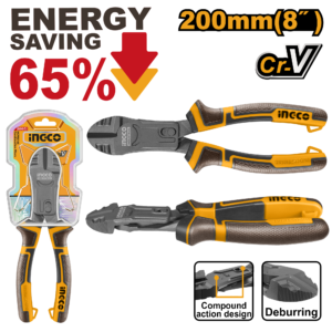 8" Compound Action Diagonal Cutters - 65% Effort Reduction, Cr-V, Deburring Slot