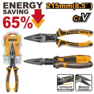 8.5" Compound Action Long Nose Pliers - Cr-V Teflon, Spanner Function, Tri-Grip