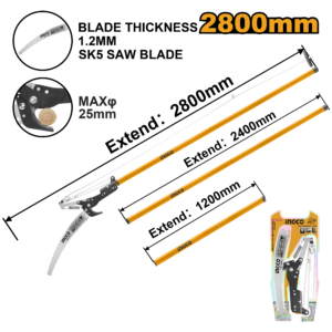 2.8m Extendable Pole Saw & Pruner - 25mm Cut, SK5 Teflon Blade, Double Pulley