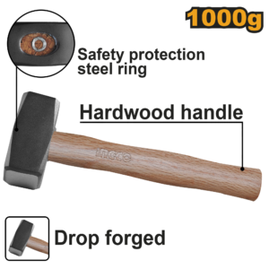 1kg Wooden-Handle Stoning Hammer P6C12 - 45# Forged, Hardwood Wedge