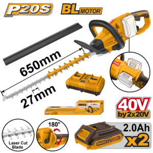 40V 650mm Brushless Hedge Trimmer Kit - 3600spm, Dual 2.0Ah + Dual Charger