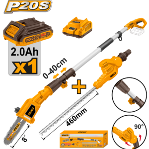 20V 2-in-1 Pole Saw + Hedge Trimmer Kit - 8" Saw 4.8m/s + 460mm Trimmer, 2.0Ah