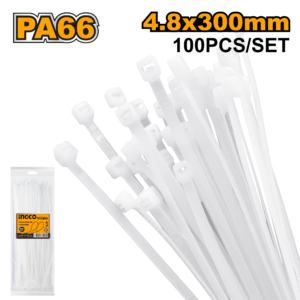 300mm x 4.8mm White Cable Ties – P50C100, 100/Set, Heavy Duty