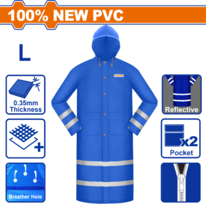 Size L, Hi-Vis Reflective Raincoat – 0.35mm PVC+Polyester, 4x Reflective Bands + Logo