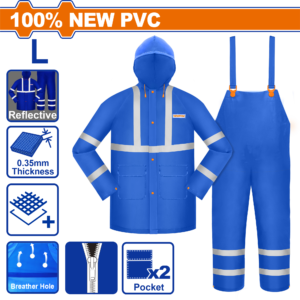 Size XL, 0.35mm Reflective Rain Suit – Full 360° Bands, Bib Pants, Flap Pockets