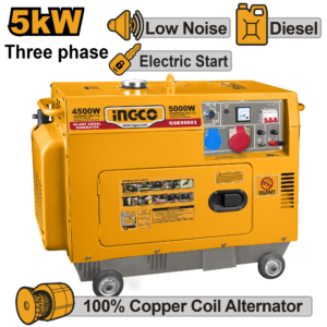 5.0kW/4.5kW Three-Phase Silent Diesel – 6kVA @380V + 1.6kW @220V, 9HP 418cc Air-Cooled