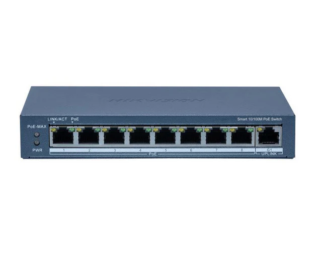 Hikvision 8-Port Fast Ethernet Smart PoE Switch – DS-3E1309P-EI(O-STD)(B) | 110W Power Budget, 6kV Surge Protection, Long-Range Transmission for CCTV Networks in Ghana