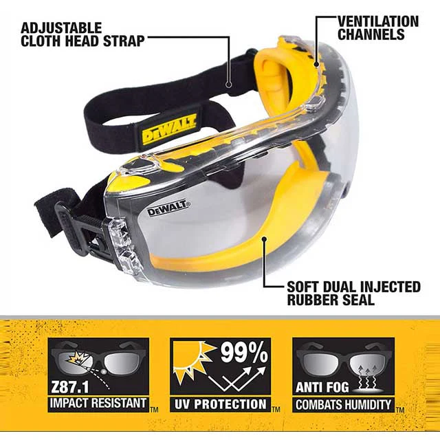 Dewalt Safety Goggles | Clear Anti-Fog, Impact-Resistant Eye Protection with Adjustable Strap