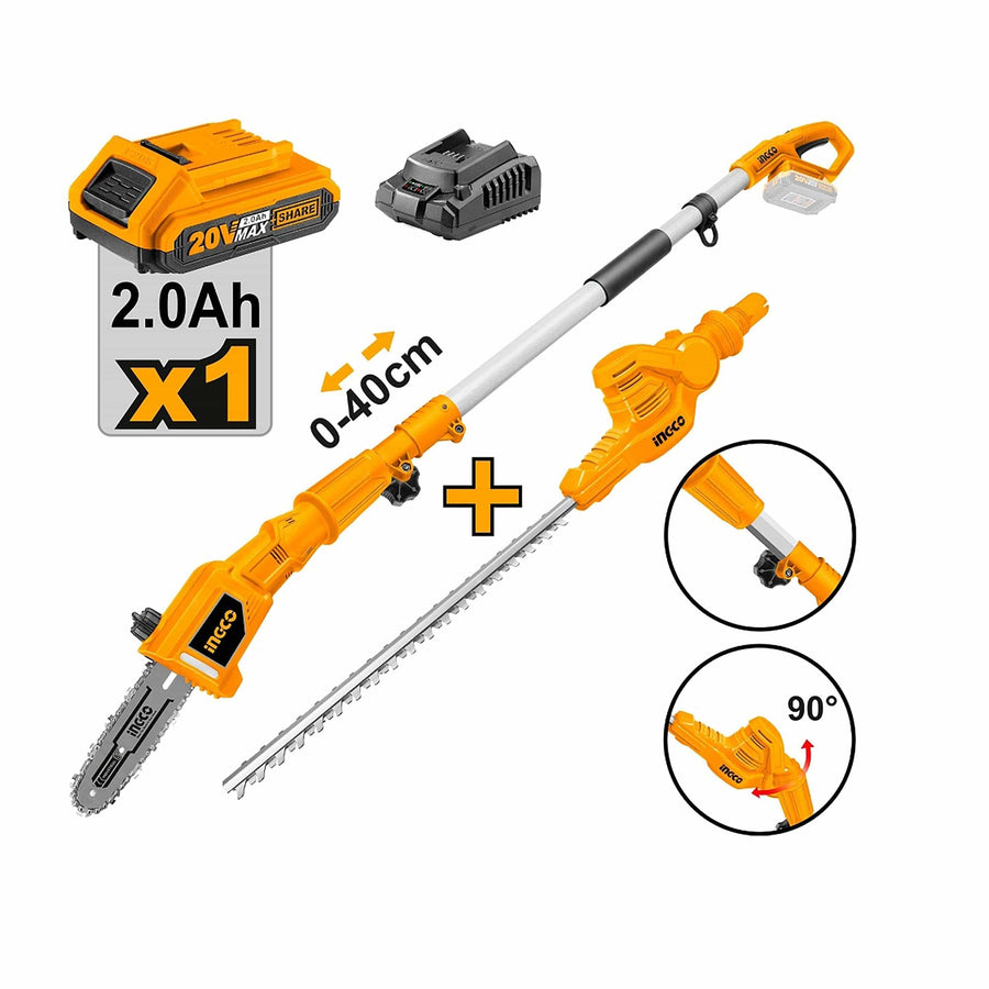 Ingco Lithium-Ion Cordless Pole Saw with Pole Hedge Trimmer with 20V 2.0Ah Battery & Charger CPTS201681