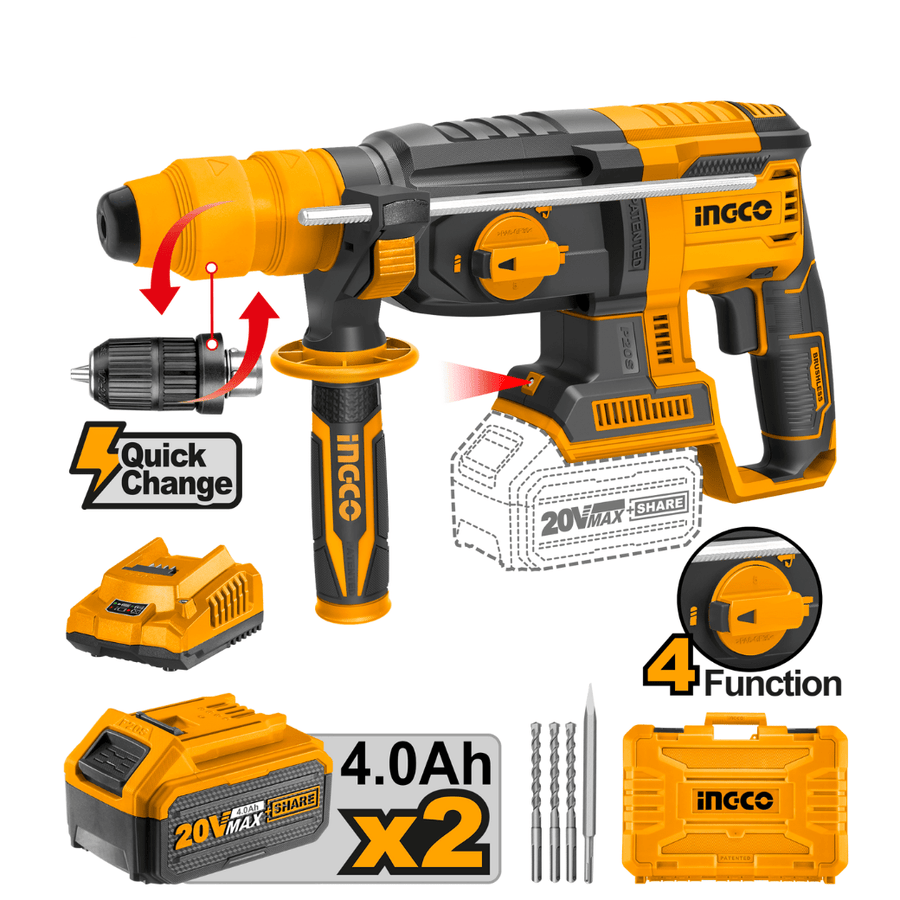 Ingco Brushless Lithium-Ion Rotary Hammer with Two 20V 4.0Ah Batteries & Charger CRHLI202289