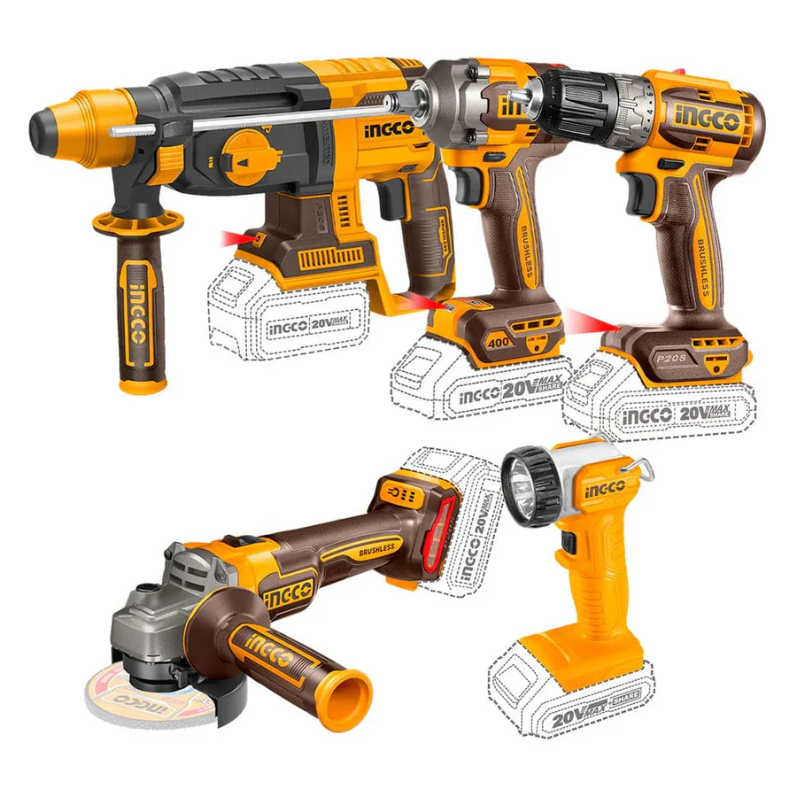 Ingco Brushless Cordless Drill, Impact Wrench, Rotary Hammer, Angle Grinder & Work Lamp Combo Kit