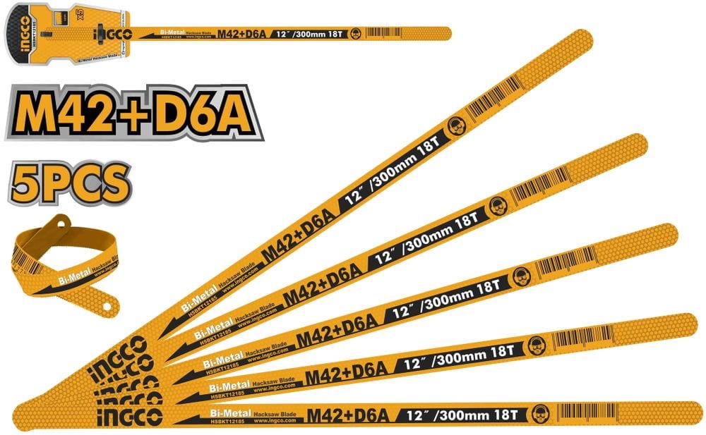 Ingco 5 Pieces 12" Bi-Metal Hacksaw Blade 18T – HSBKT12185