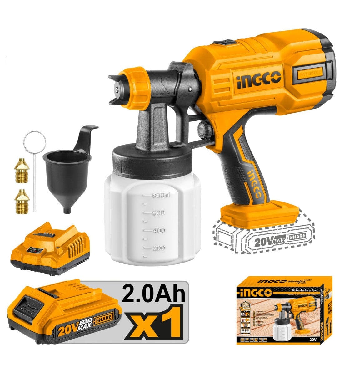 Ingco Lithium-Ion Cordless Spray Gun with 20V 2.0Ah Battery & Charger – CSGLI20406
