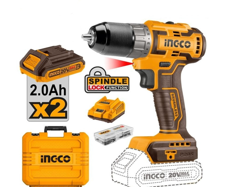 Ingco Lithium-Ion Brushless Cordless Hammer Impact Drill with Two 20V 2.0Ah Batteries & Charger – CIDLI20508
