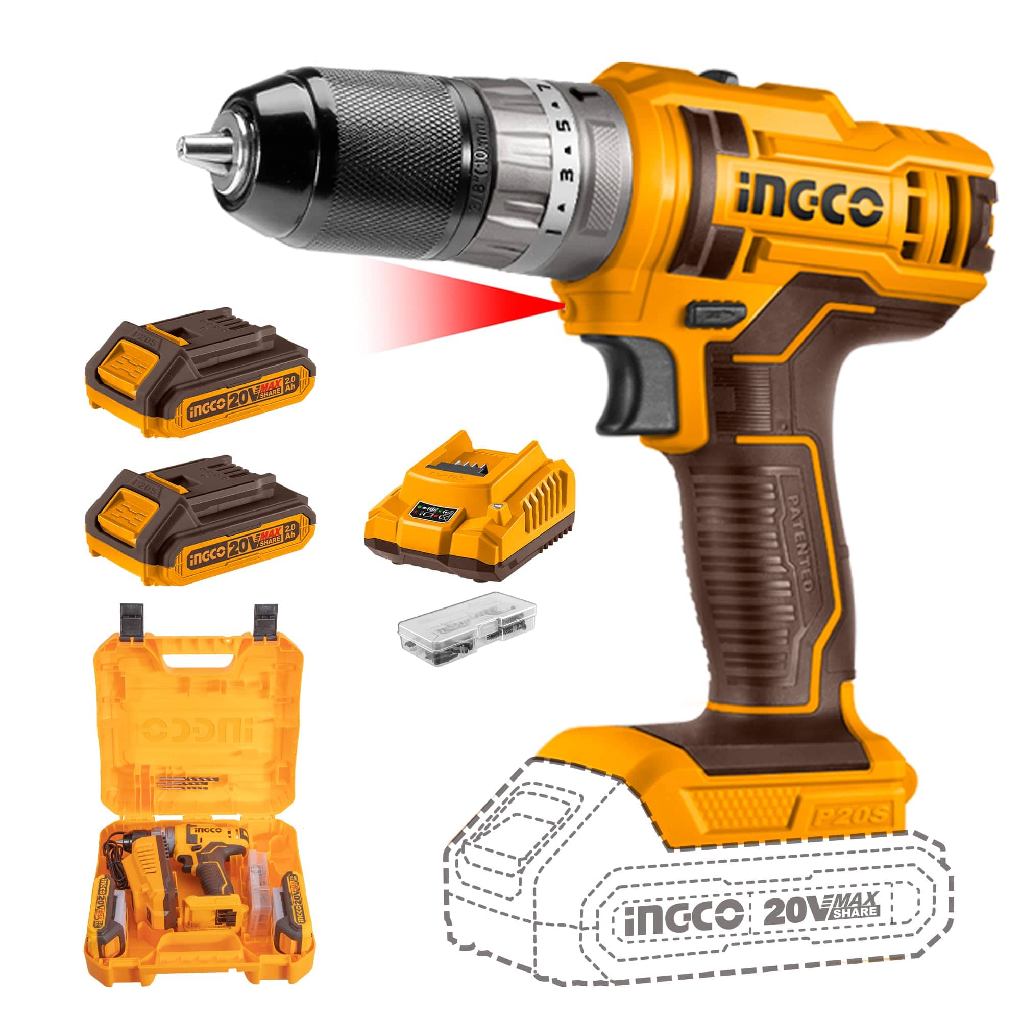 Ingco Lithium-Ion Cordless Hammer Impact Drill with Two 20V 2.0Ah Batteries & Charger – CIDLI201452