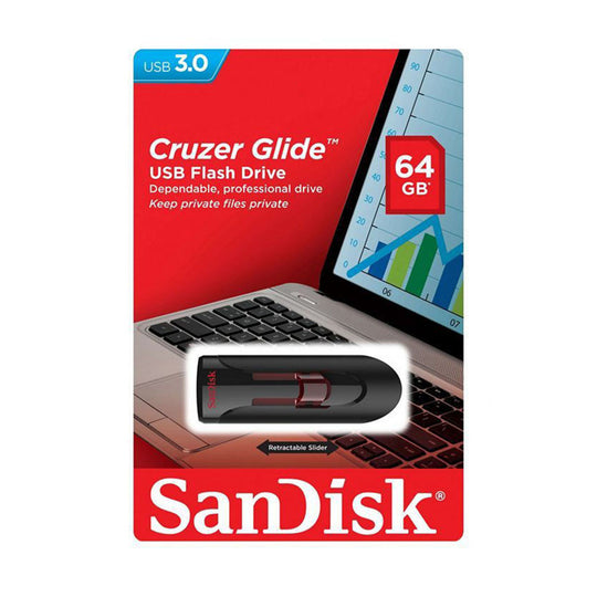 SanDisk Cruzer Glide USB 2.0/3.0 Flash Drive 64GB – Retractable (Black)