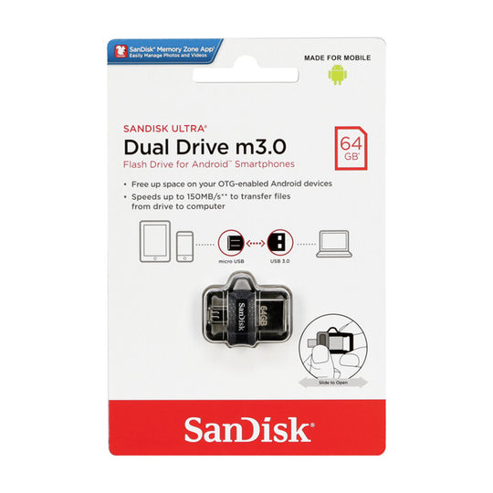 SanDisk Dual Drive m3.0 64GB – USB 3.0 + Micro-USB OTG (Black)