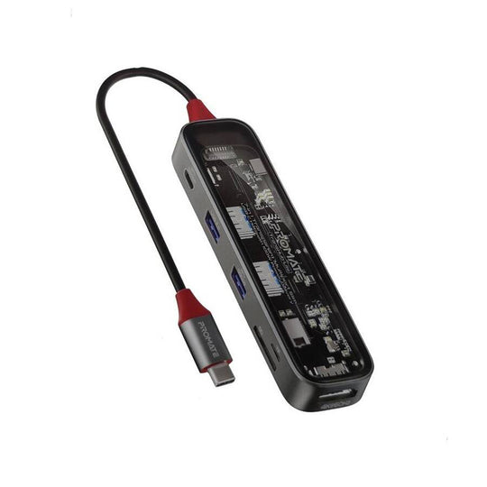 Promate TransHub-Lite 7-in-1 USB-C Hub – 4K@60Hz 100W PD Transparent (Clear)